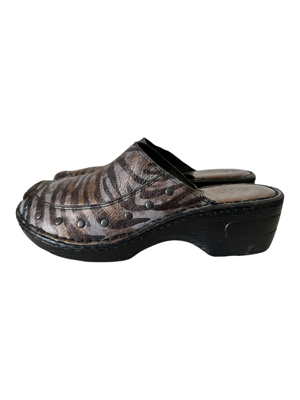 Born Wedge Metallic Brown Zebra Print Leather Clog Mules 9 (40.5) - Picture 3 of 11